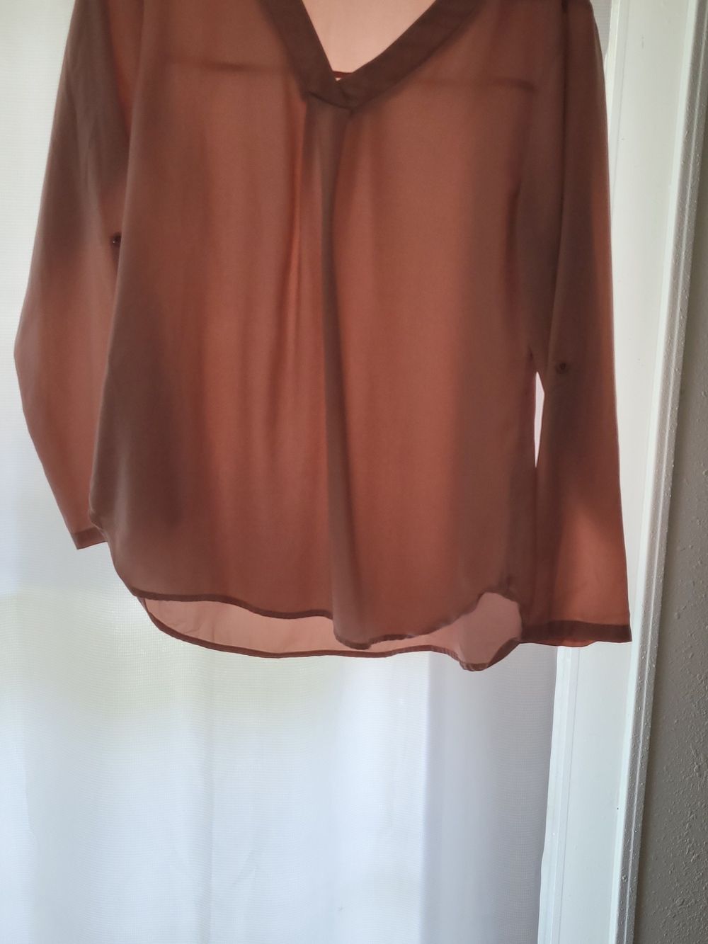 Womens Sheer V-Neck Long Sleeve Blouse - Rose Color - Picture 1 of 4